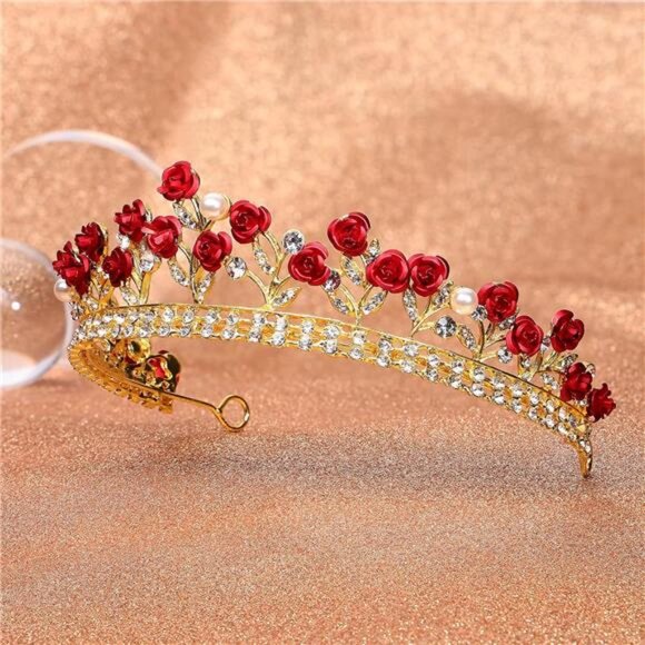 Red Rose Bridal Tiara Bride Headdress Alloy Rhinestone Wedding Crown for Prom, main image 5
